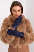 Manteau et gants élégants en fourrure synthétique camel et cuir navy femme mode hiver coupe ample
