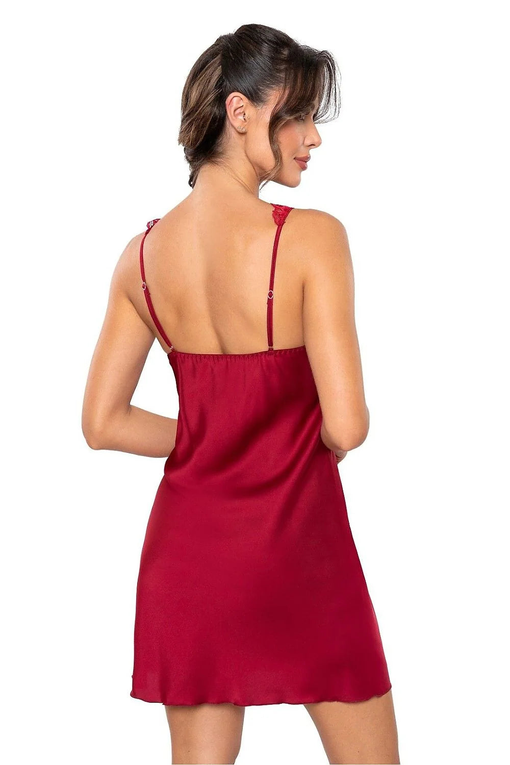 chemise nuit Donna satin soie dentelle romantique ajustée mi cuisse femme bordeaux satinée sensuelle élégante délicate confort
