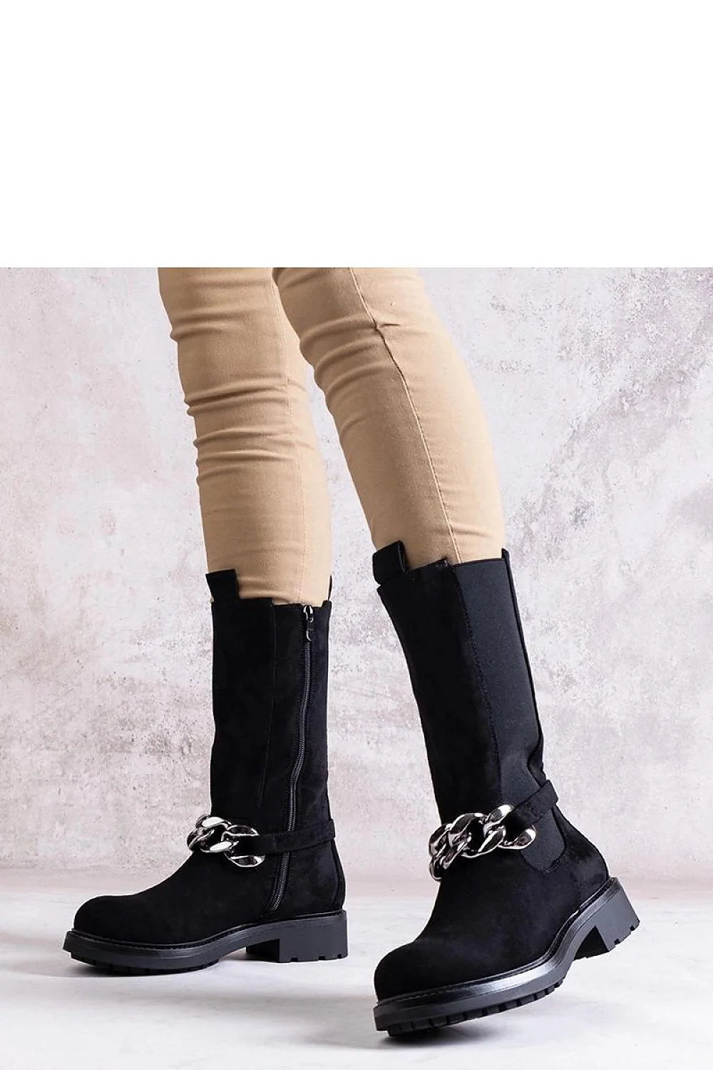 Bottes à talons Solea cuir noir chaîne métal hauteur genou zip latéral confort port semelle caoutchouc élégance moderne femmes