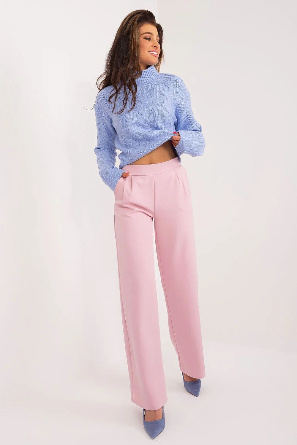 Pantalon femme Rue Paris en polyester, taille haute, jambe droite, rose pâle, pour travail et soirées