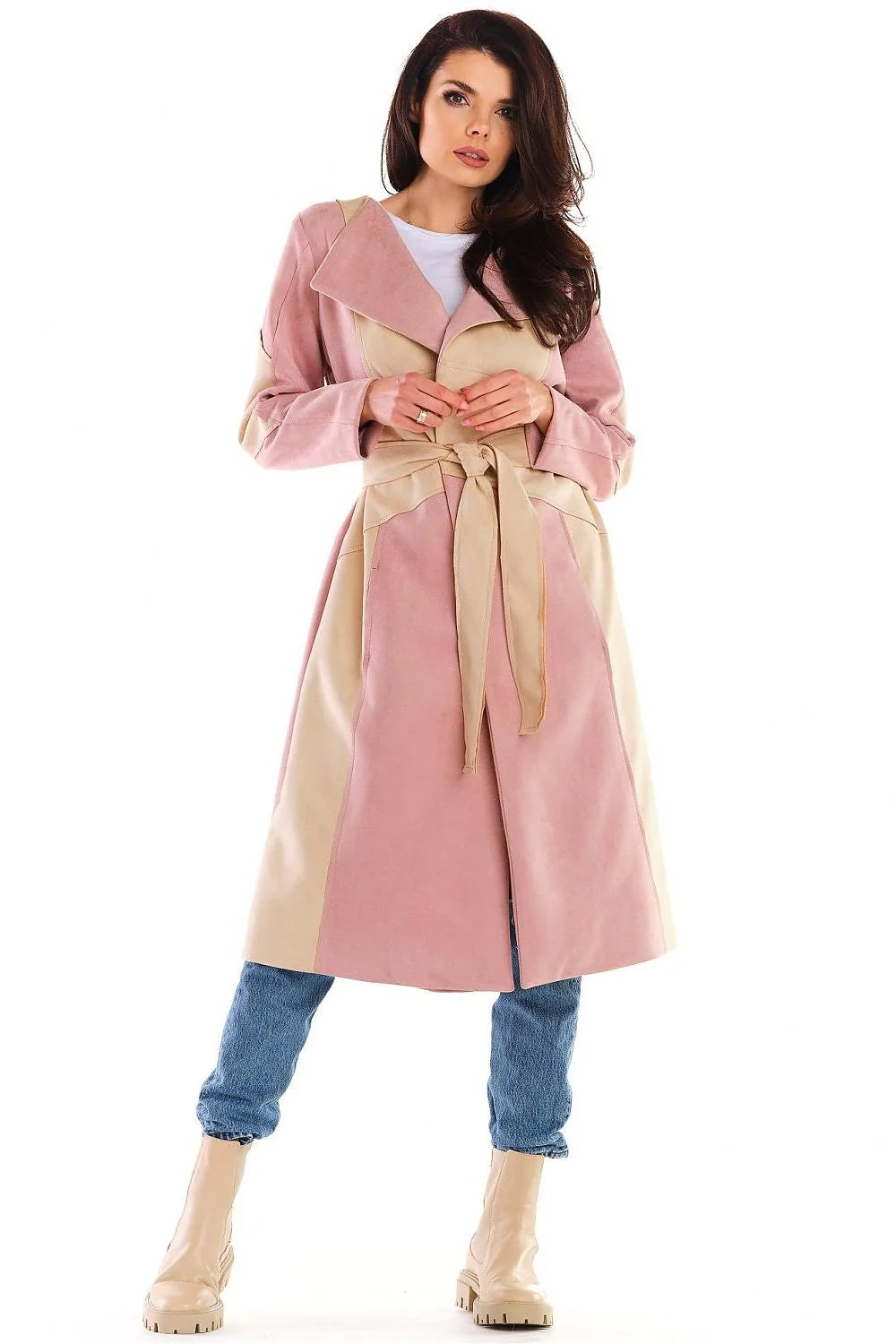 Manteau femme mi-long imitation daim élégant ceinture ajustable kaki beige style moderne automne
