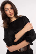 Chemisier Lakerta élégant noir soie satinée manches longues encolure bateau ceinture dorée femmes occasionnels formels