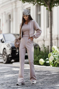 ensemble LISSA beige viscose élasthanne veste courte pressions top col V pantalon jogging flare taille élastique poches évasée