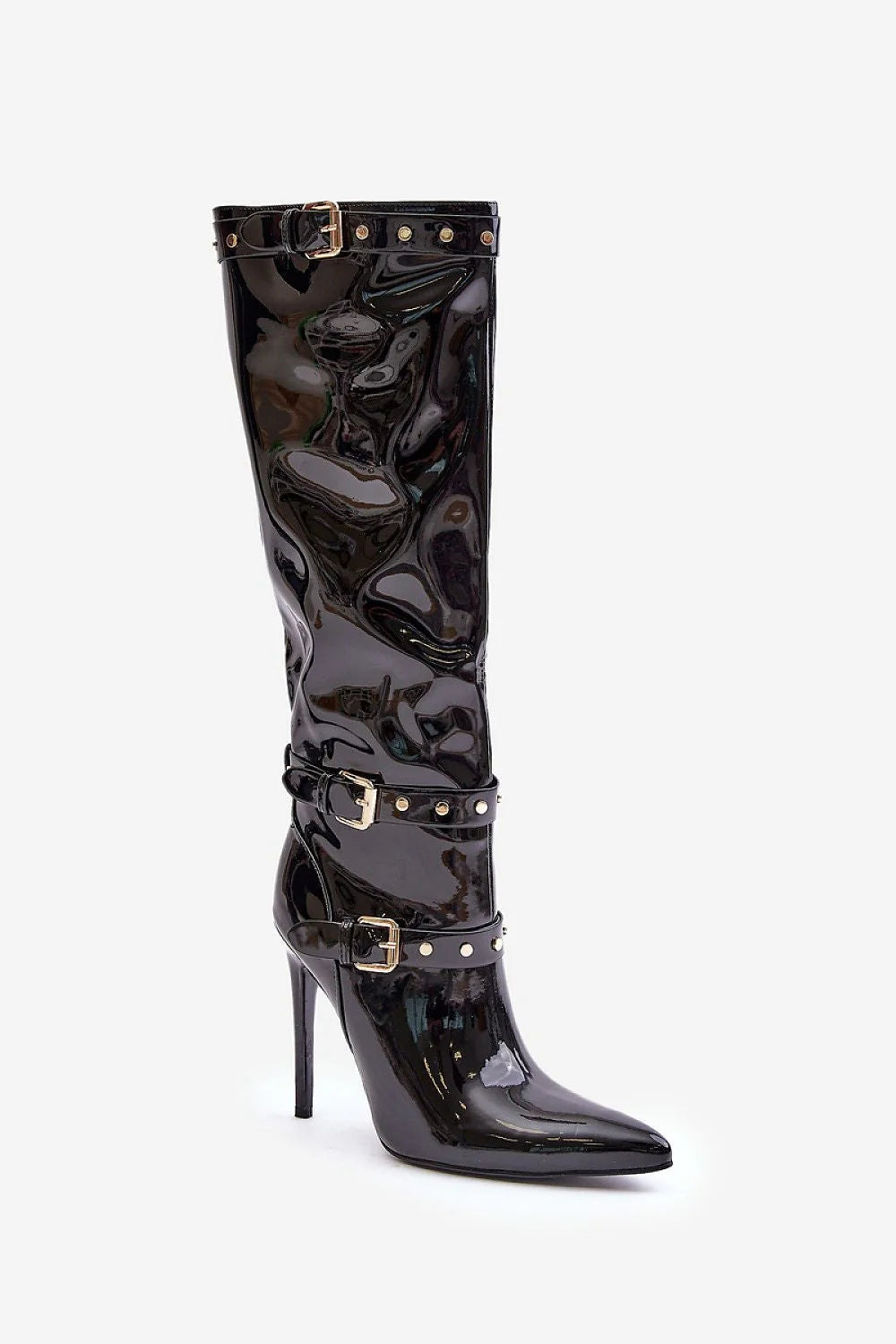 Bottes à talons aiguilles élégantes pour femme en simili cuir verni, design audacieux, boucles métalliques, look chic, soirée, mode