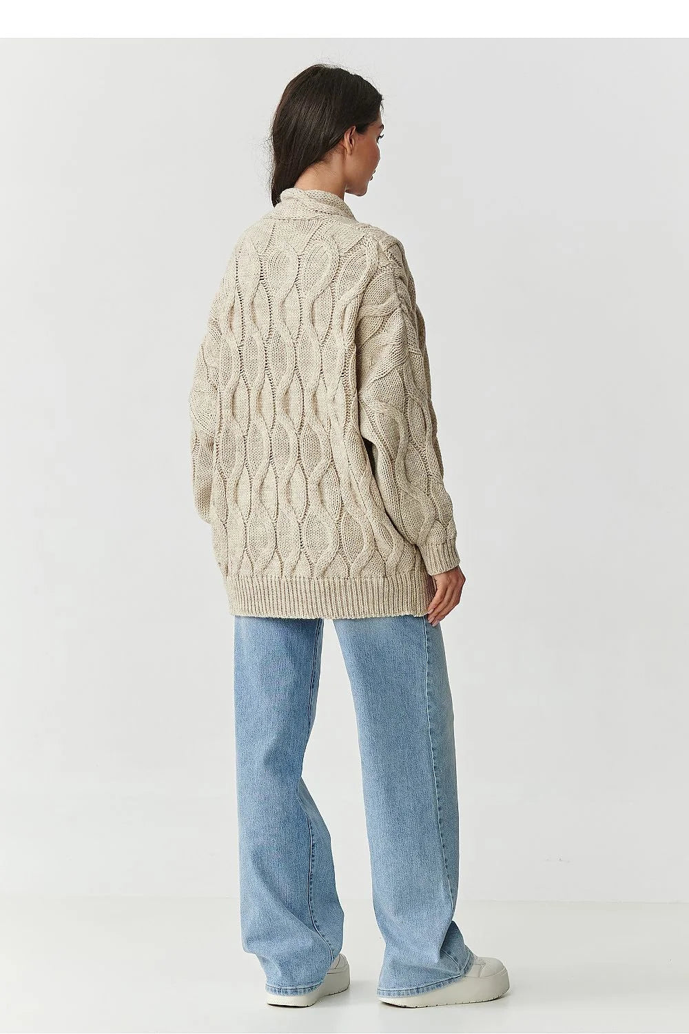 cardigan makadamia femme oversize grosse maille torsadée col châle ouvert manches longues épaule tombante moelleuse chaude confortable durable