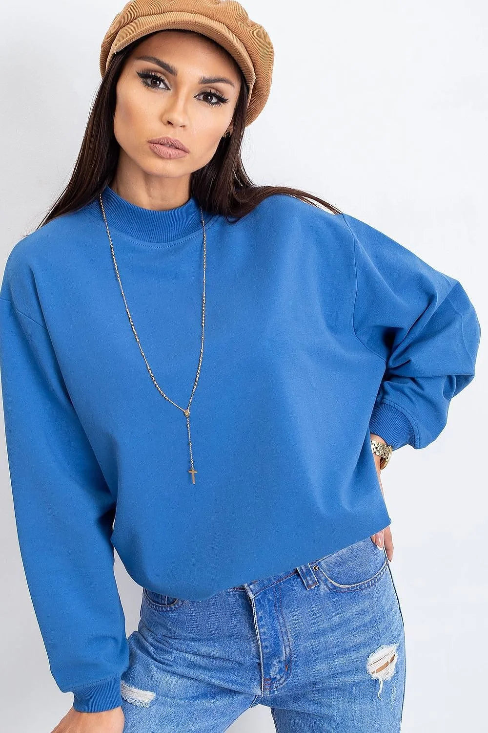 Sweatshirt BFG pour femme en coton 90% élasthanne 10%, style casual oversize, couleur bleu vif, manches longues, col rond côtelé, idéal pour tenues urbaines et décontractées