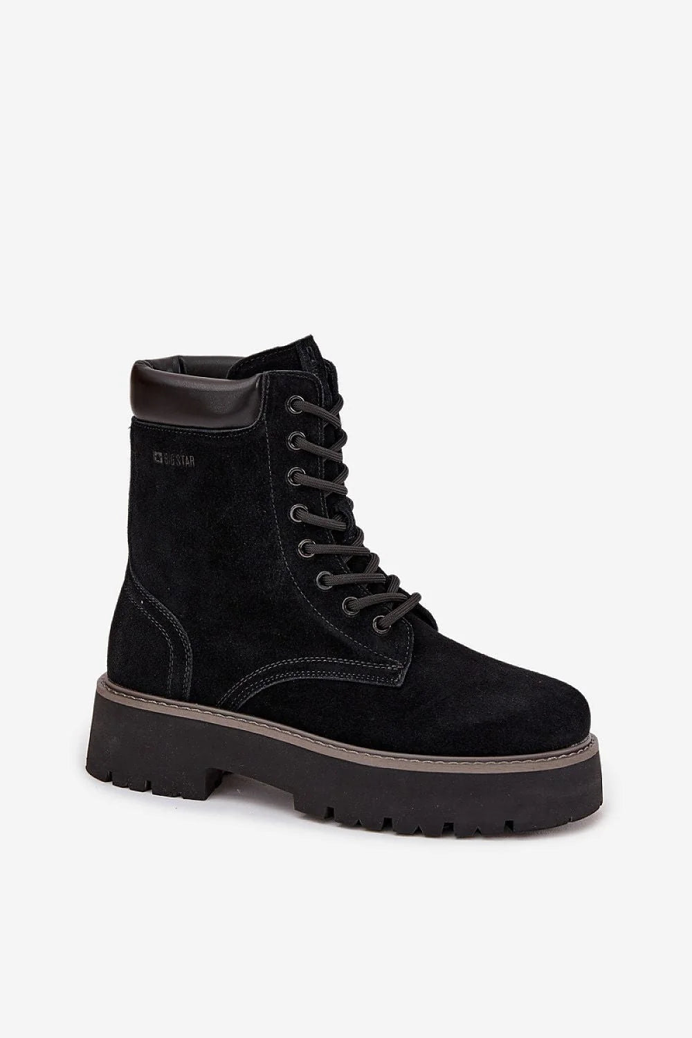 bottines femme BigStar workery daim suédé naturel noir montantes col rembourré œillets métalliques coutures apparentes semelle plateforme crantée