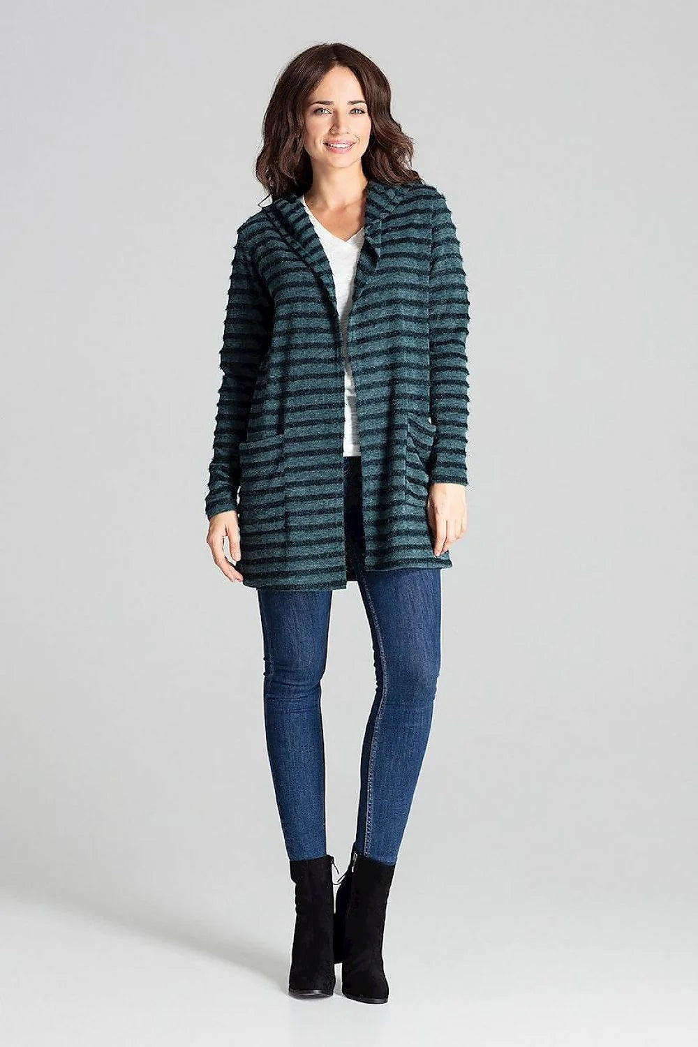 Cardigan femme maille rayée douillette style casual capuche poches pratiques pour quotidien et loisirs