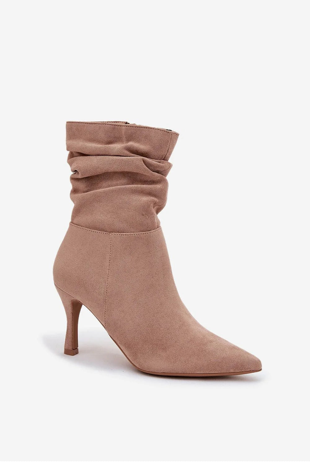 bottines femme cheville suédine taupe clair bout pointu talon fin kitten mihaut tige froncée fermeture éclair latérale maintien discret casualchic