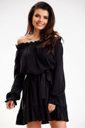 robe bardot noire mini bohème chic épaules dénudées manches longues bouffantes volants ceinture nouée ajustable viscose fluide