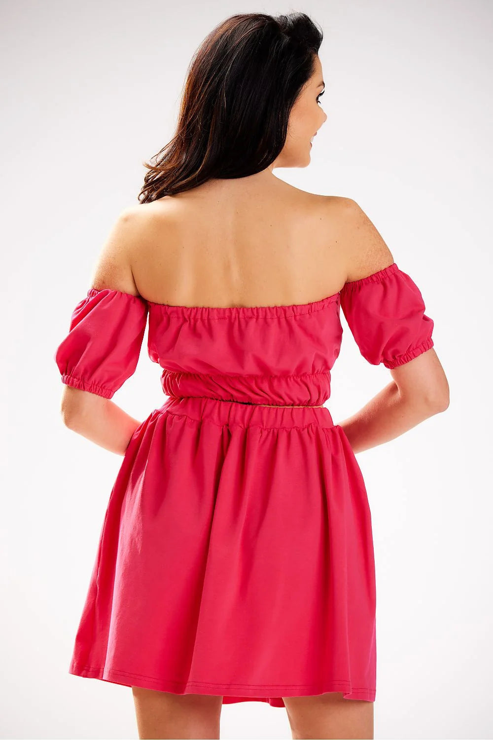 Chemisier crop top off-shoulder manches courtes élastique Taille haute jupe évasée rose vif été occasion décontractée mode féminine
