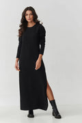 robe longue noire sweat maille jersey coupe droite col rond manches longues fente latérale haute longueur cheville coton élasthanne