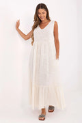 Robe de jour Och Bella longue évasée couleur blanche en coton V-neck sans manches volant bas plage promenade été