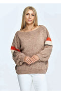 Chandail féminin laine acrylique brut clair ample oversized encolure bateau manches volumineuses rayures colorées casual hiver femme