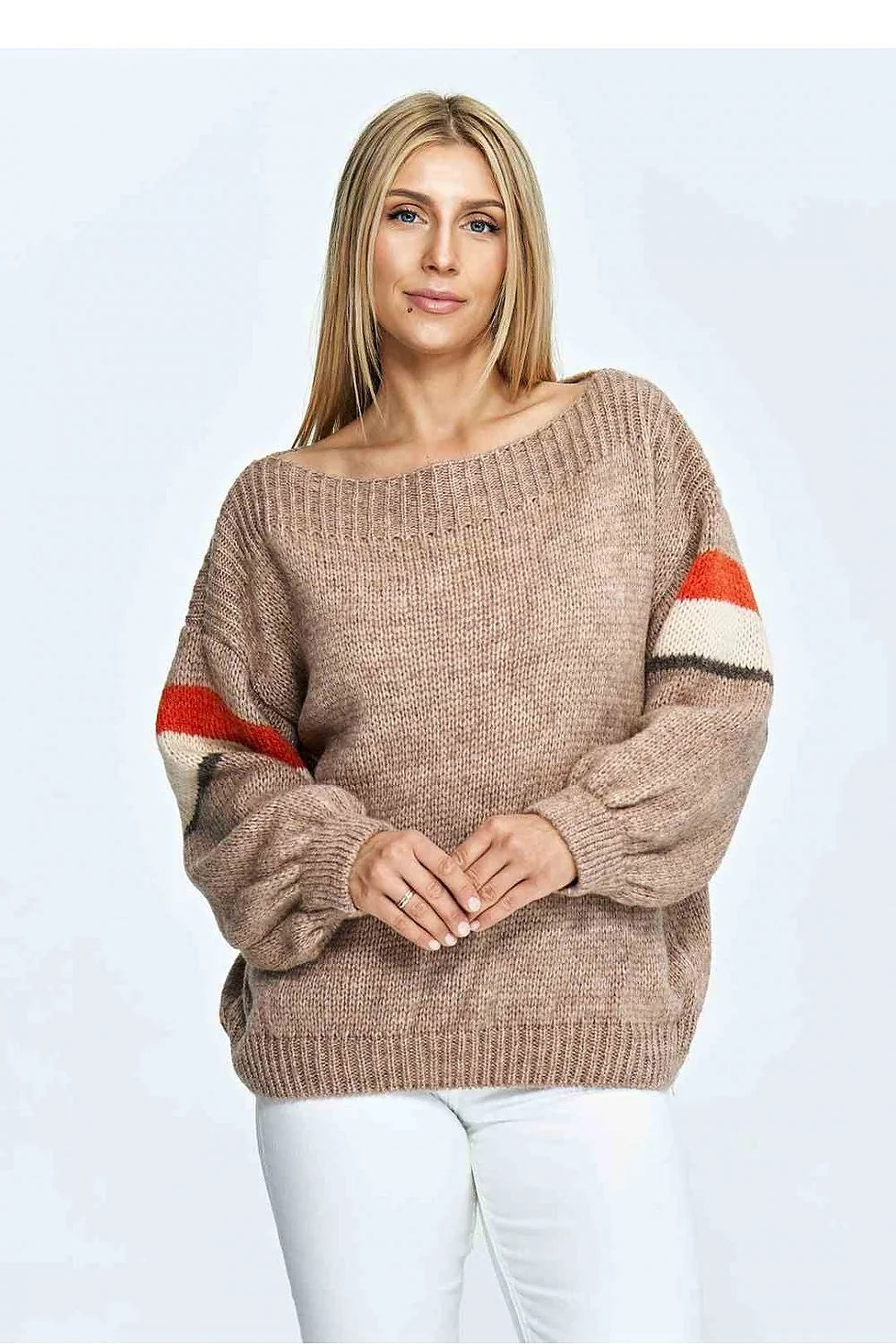 Chandail féminin ample en laine acrylique rayures colorées encolure bateau manches volumineuses coupe oversized pour femme