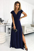 Robe de soirée élégante longue à paillettes bleu nuit décolleté V manches volantes fente latérale ajustée à la taille