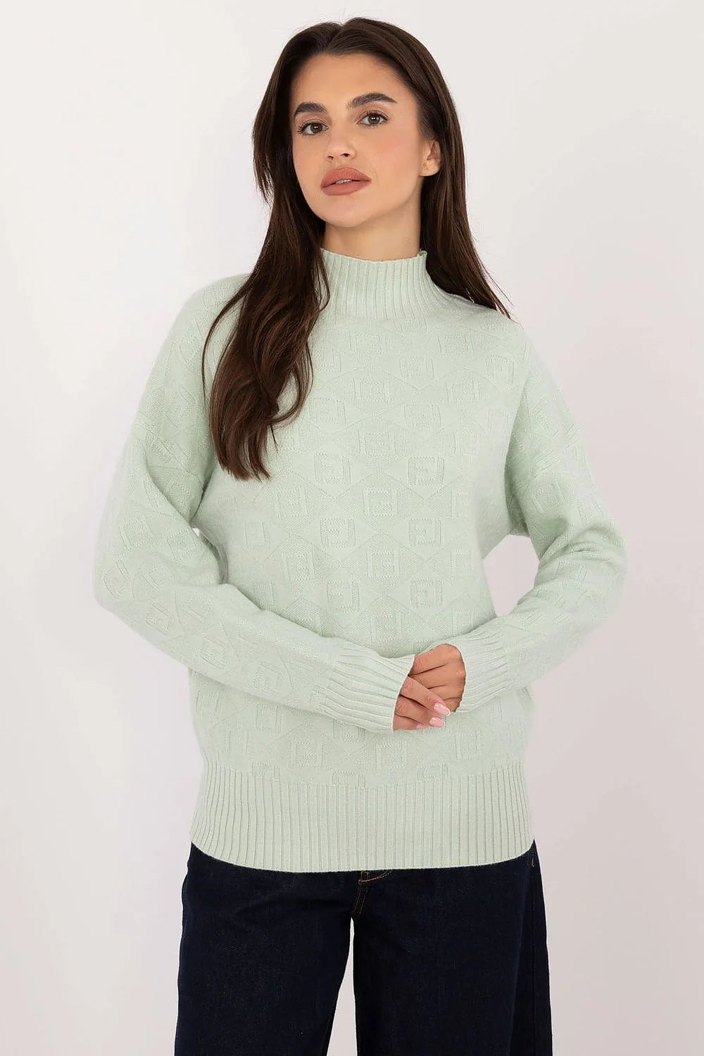 Pull femme élégant col montant côtelé vert menthe maille douce manches longues coupe ample