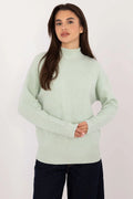 Pull femme élégant col montant côtelé vert menthe maille douce manches longues coupe ample