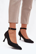 escarpins femme suédine noire bout pointu talon aiguilles bride cheville réglable boucle dorée maintien confort silhouette élégante soirée