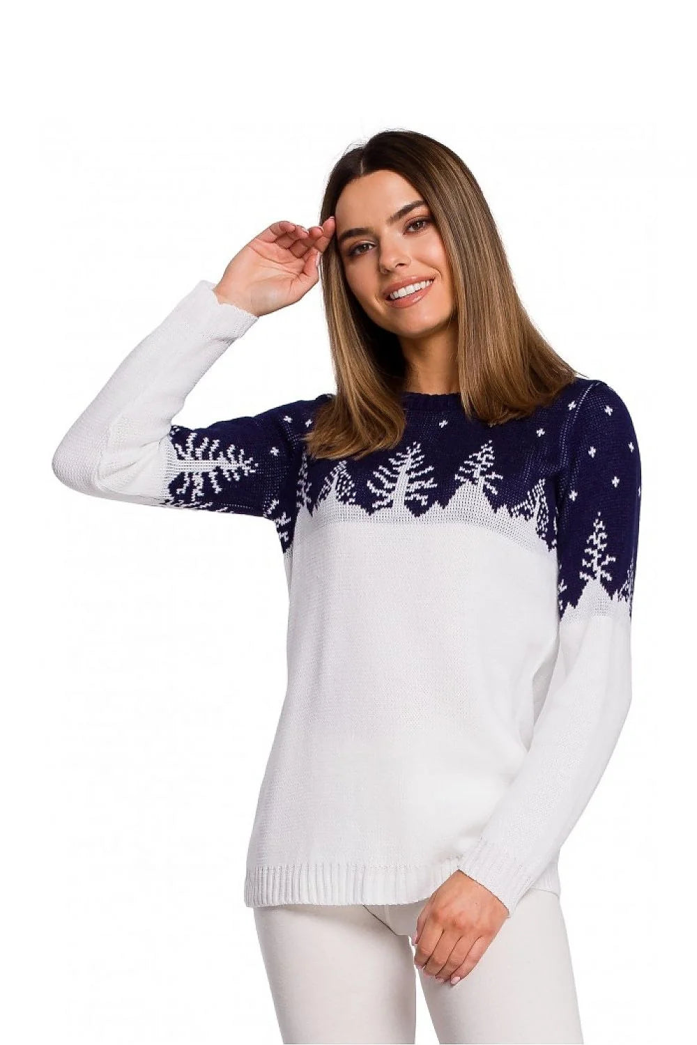 Pull tricot hivernal élégant décontracté motif sapin vert émeraude col rond manches longues femmes