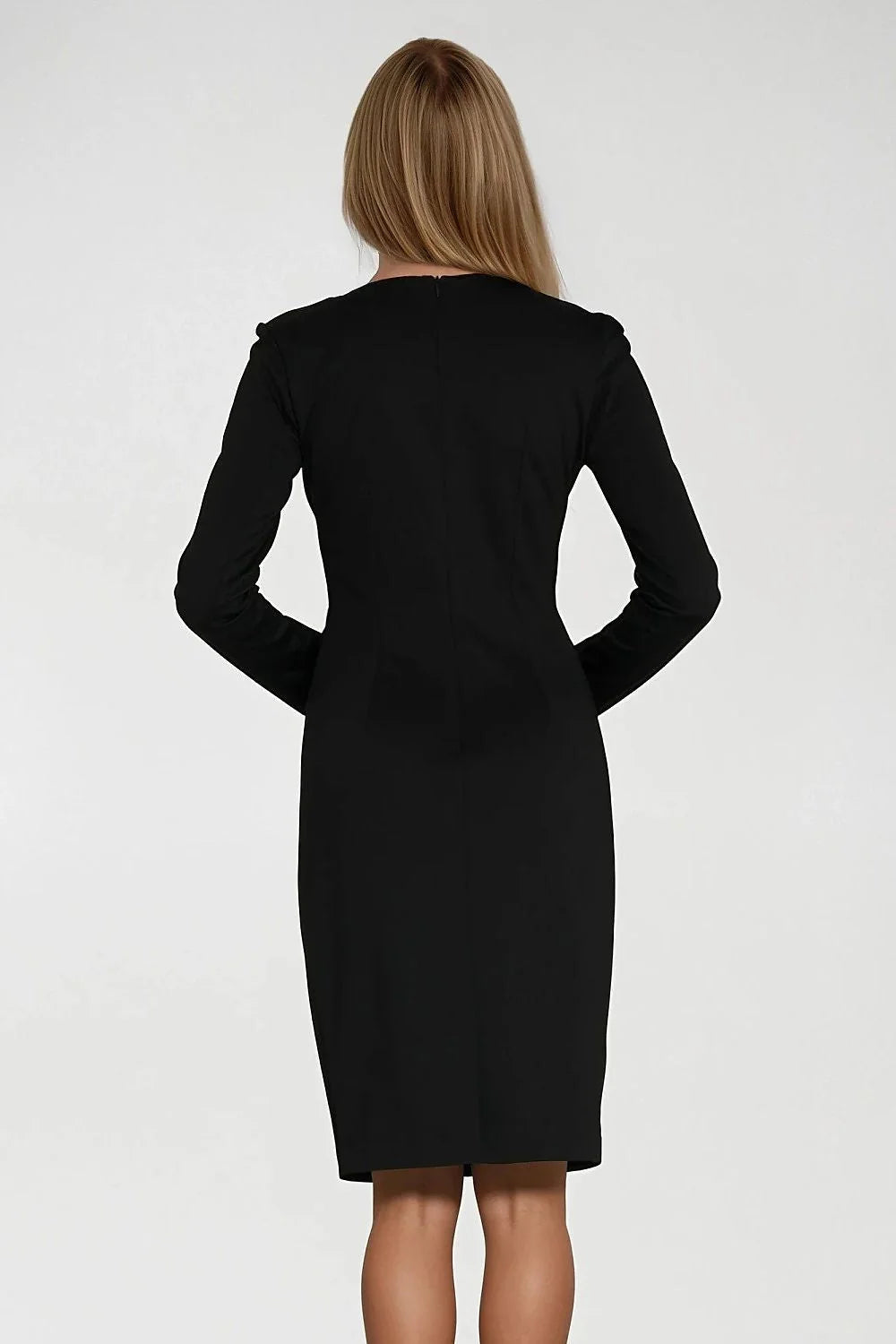 robe femme ajustée noire fourreau crayon manches longues col V profond tissu extensible doux silhouette structurée