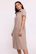 robe chemise midi beige taupe coupe droite manches courtes col classique boutons ton poches latérales tissu léger fluide