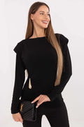 chemisier élégant longueur standard polyester viscose tissu doux ajustement parfait manches longues décolleté bateau épaulettes cousues plis latéraux décoration métallique