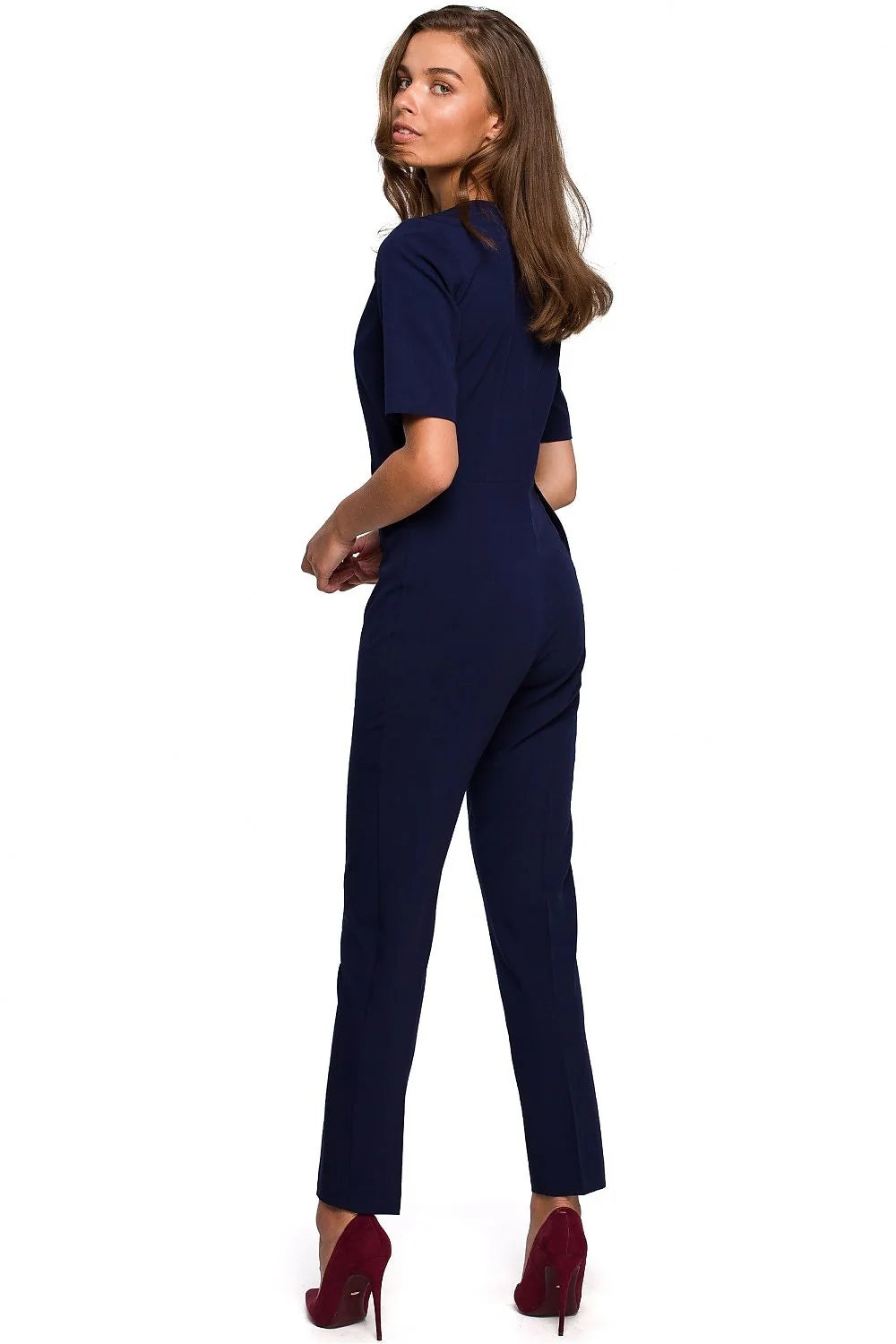 Combinaison élégante en polyester noir croisé pour femmes modernes, manches courtes, occasions spéciales, ajustée
