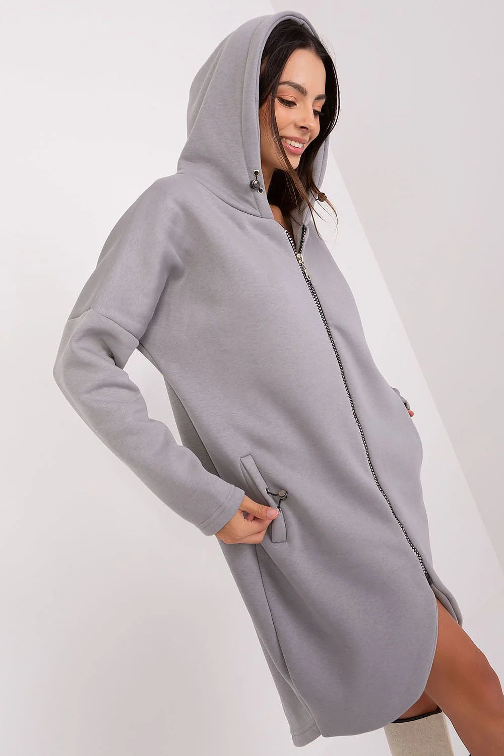 Sweatshirt Rue Paris longue en coton 90% élasthanne 10% capuche fermeture éclair poches latérales style urbain décontracté femme