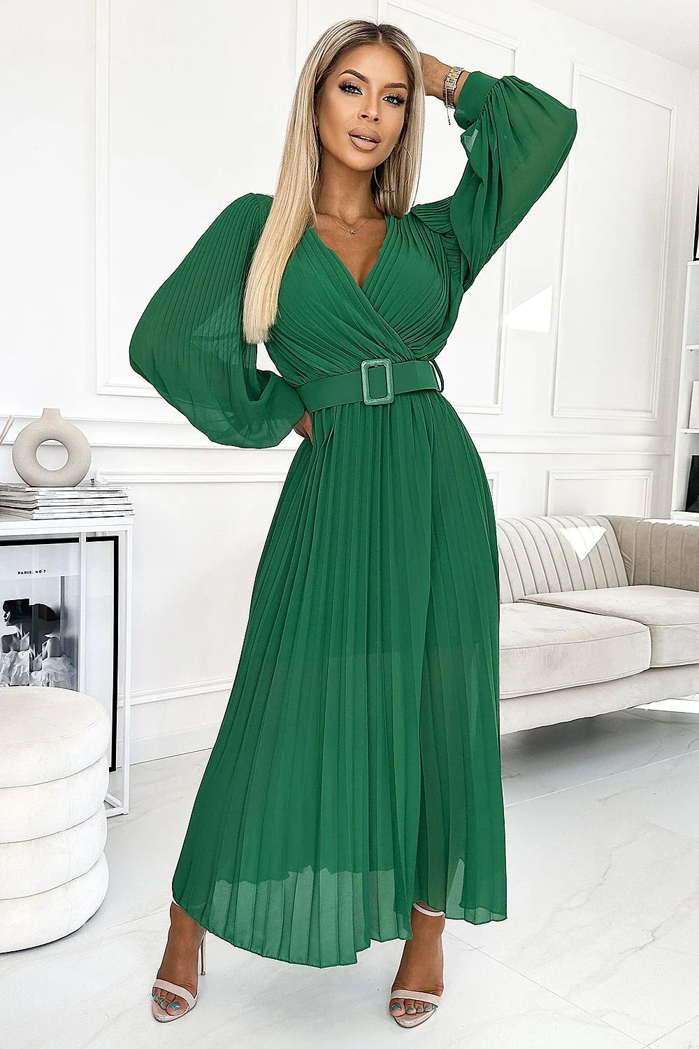 Robe de cocktail élégante longue manches longues ceinture verte femme soirée mariage occasion spéciale