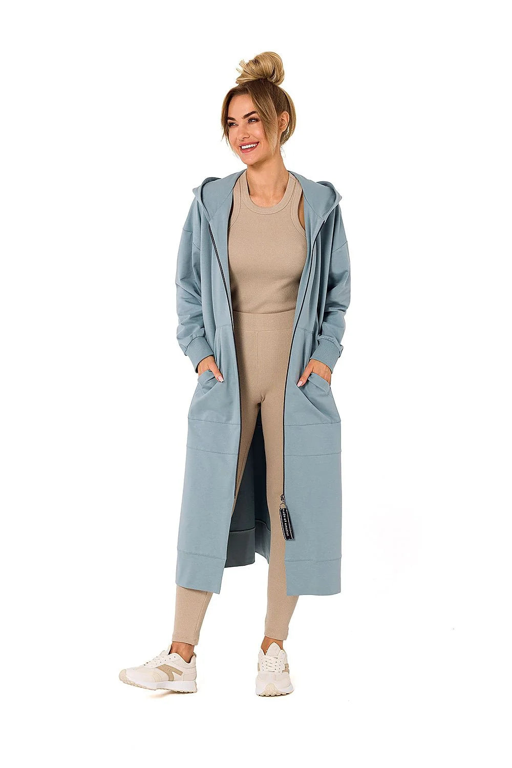 Sweatshirt longue femme hooded zippered poches casual moderne couleur vif vert vif coton élasthanne 90% 10%
