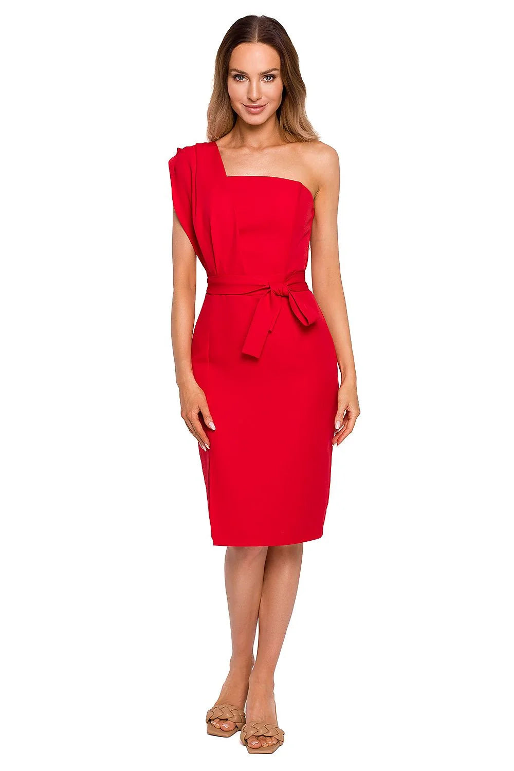 Robe cocktail polyester élégante vert vif épaule asymétrique ceinture ajustable chic femme moderne sortie
