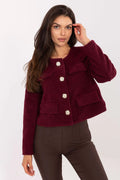 blazer femme court bouclé bordeaux profond coupe droite boxy col rond manches longues boutons dorés texturés poches rabatées
