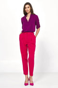 Pantalon femme Nife taille haute couleur rose vif en viscose polyester elasthanne manches 3/4 col V