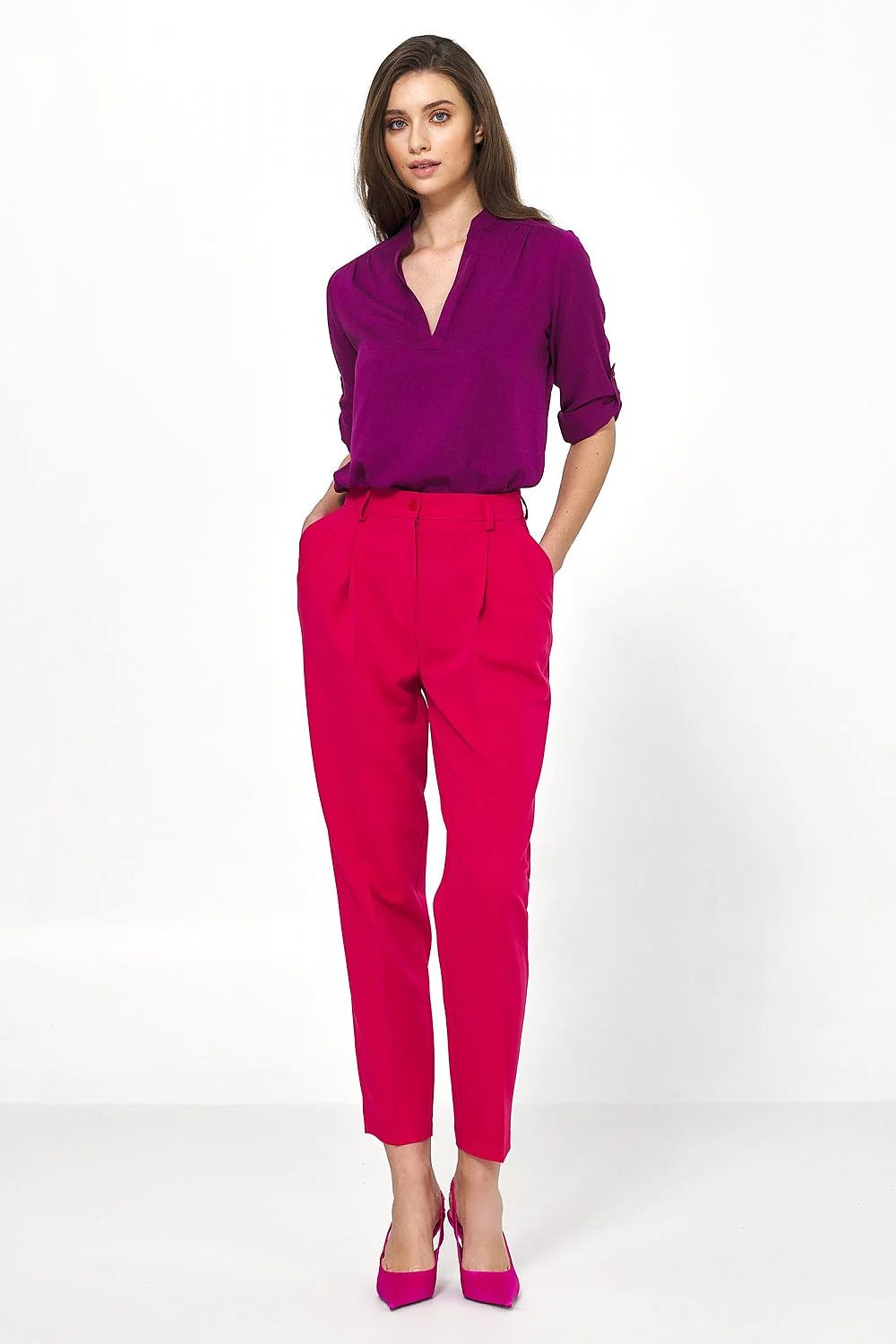 Pantalon femme Nife taille haute couleur rose vif en viscose polyester elasthanne manches 3/4 col V