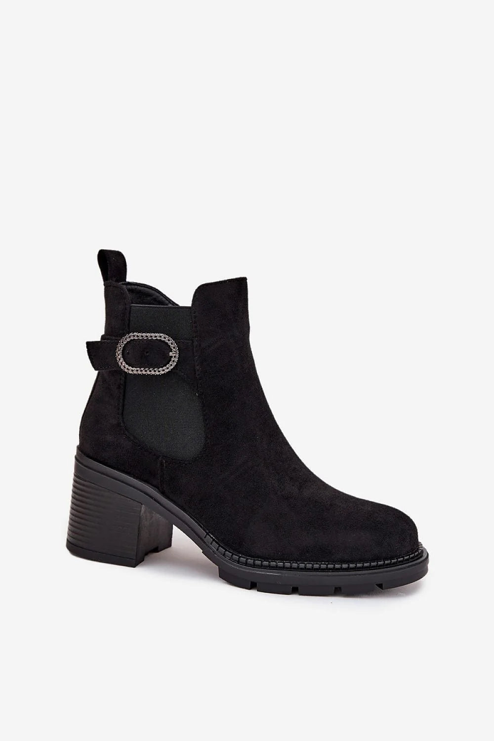 bottines femme suède écologique noire talon bloc pilier cheville doublure fourrure synthétique boucle ovale décorative glissière latérale semelle crantée antidérapante