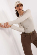 top femme manches longues slim col rond beige stone seconde peau jersey extensible maintien léger minimaliste intemporel