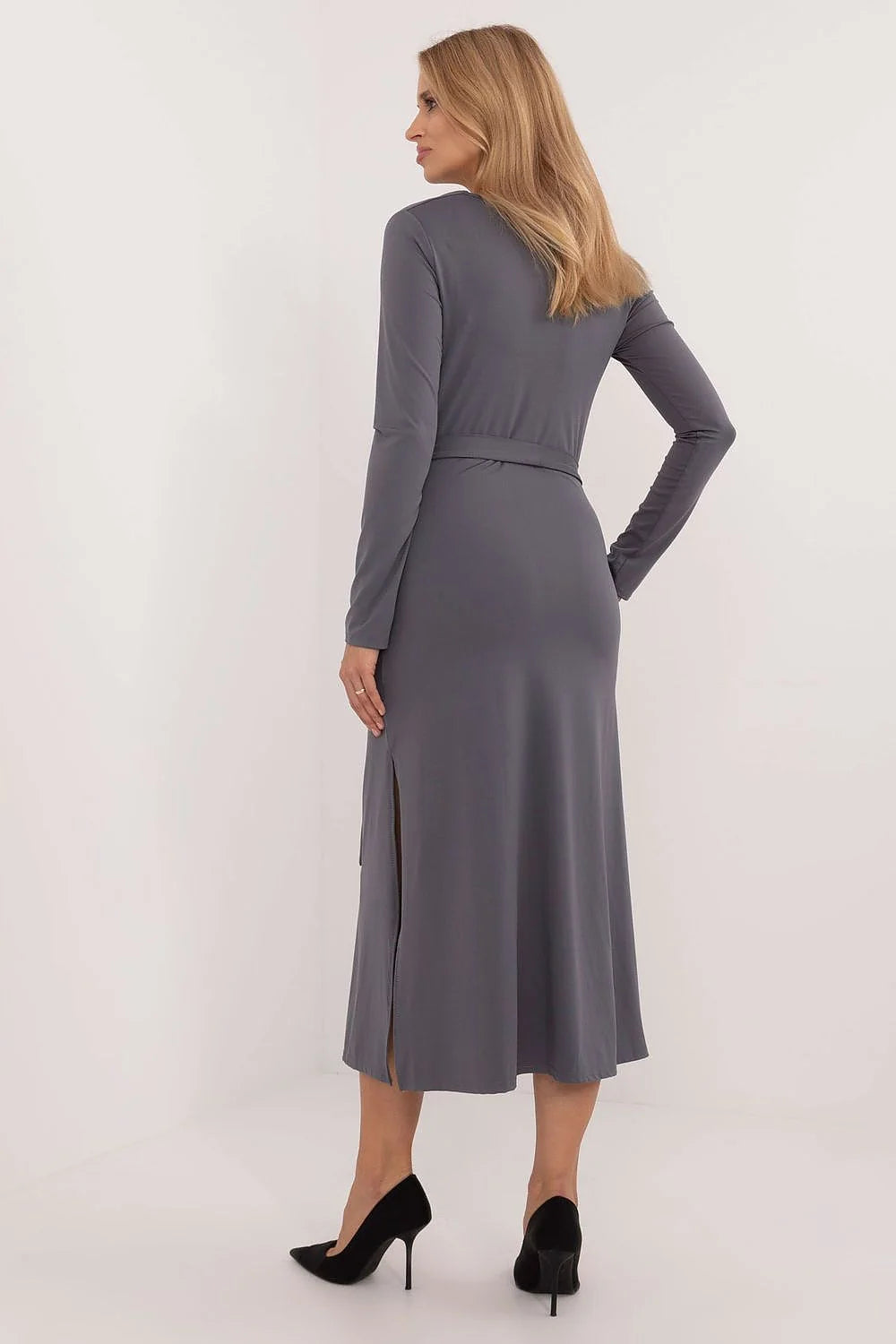 Robe élégante pour femme mi-mollet longue manches longues col bénitier ceinture ajustable matière confortable Lakerta