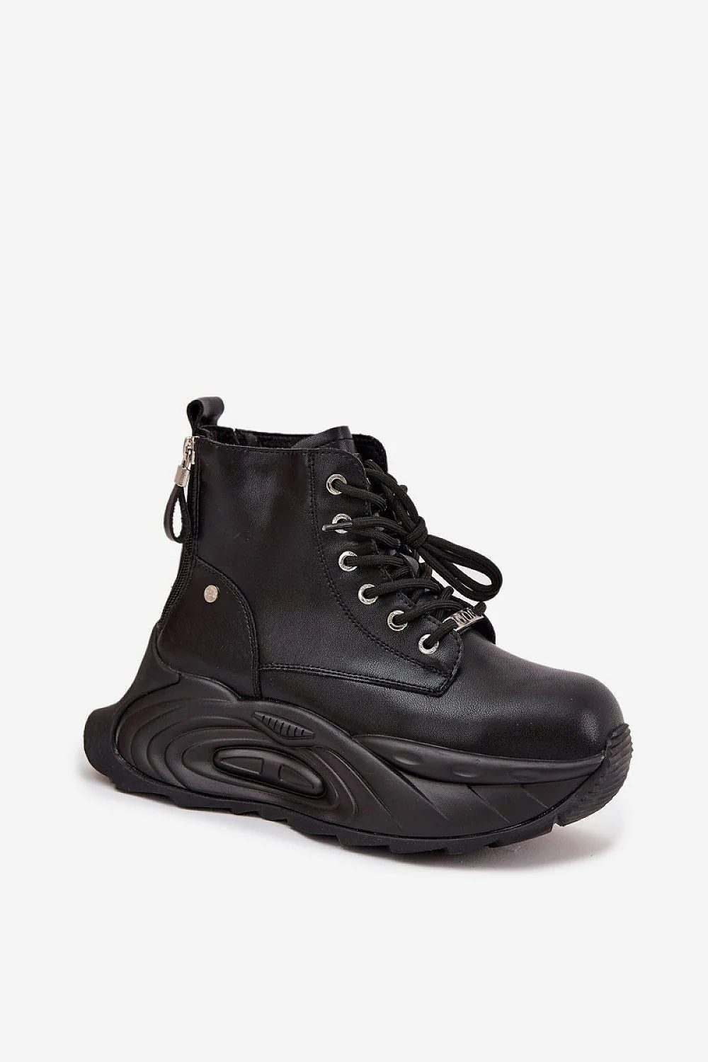 bottines femme cuir naturel noir montantes plateforme massive semelle sculptée antidérapante lacets oeillets fermetures éclair arrière bout arrondi style rangers