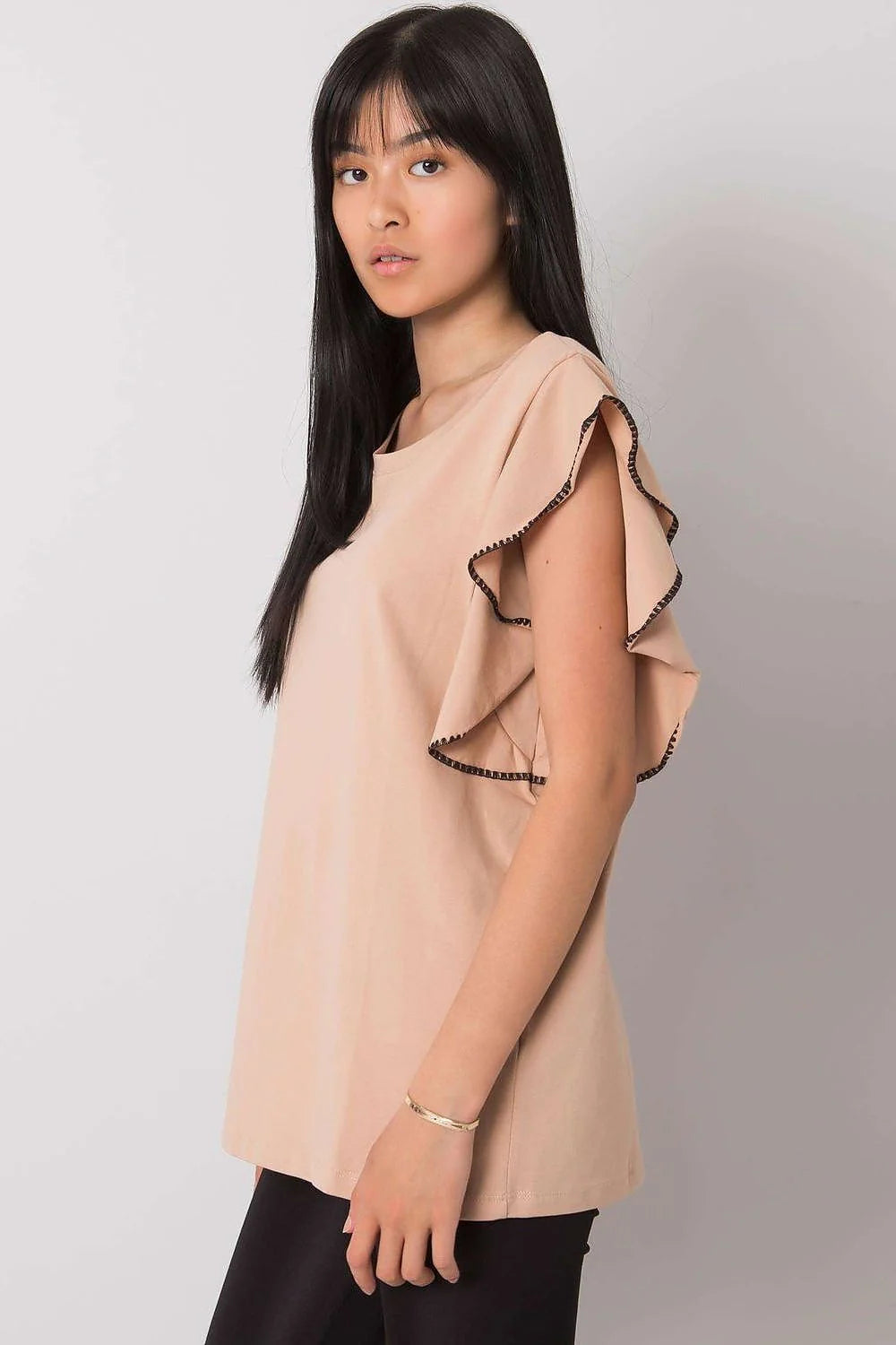 chemisier fancy élégant manches volants coton stretch confortable respirant coupe ample fluide col rond finition noire contrastée polyvalent féminin