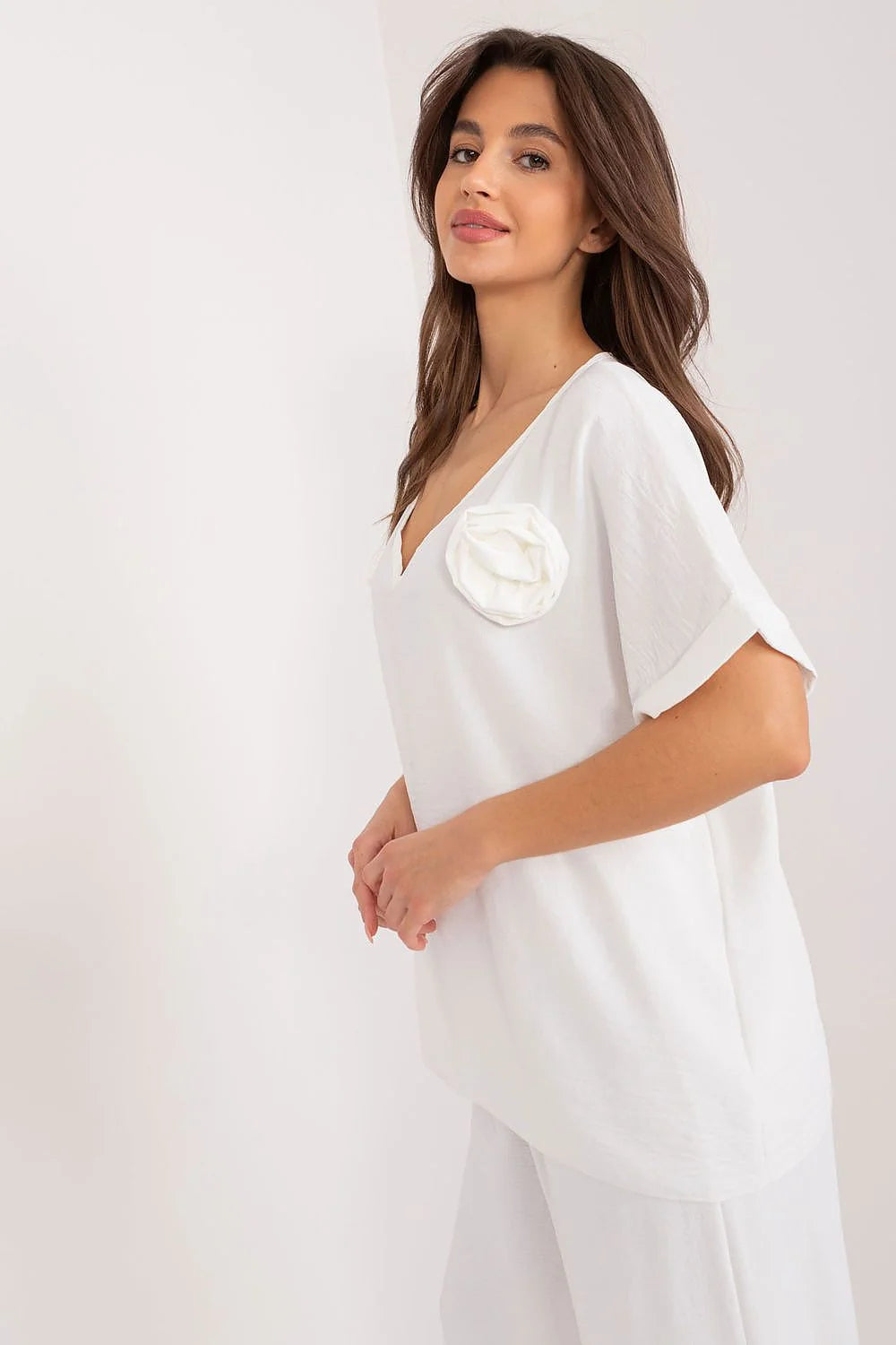 Chemisier Italy Moda Femme Polyester Haute Qualité Oversize Encolure V Manches Courtes Décontracté Travail Social Journée