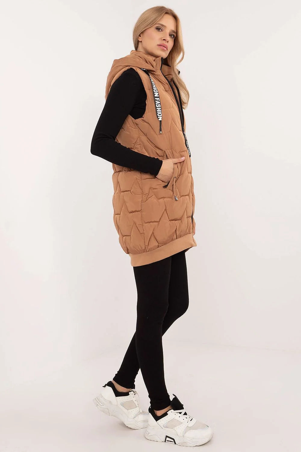 Gilet matelassé pour femme longueur genou sans manches style urbain couleur camel polyester isolation thermique