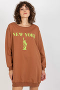 Sweatshirt oversize pour femme, style décontracté, motif New York Statue de la Liberté, couleur marron terre, manches longues, encolure ronde, finitions côtelées