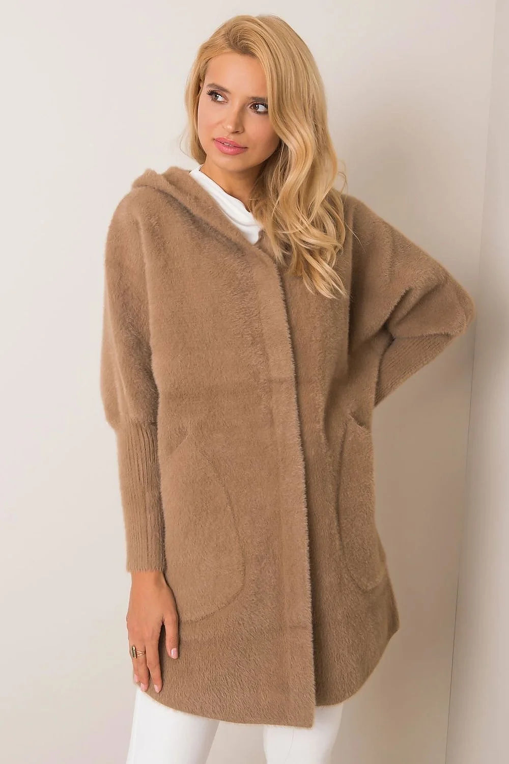 Manteau pour femme long style casual capuche poches coulissantes laine angora polyester viscose universelle