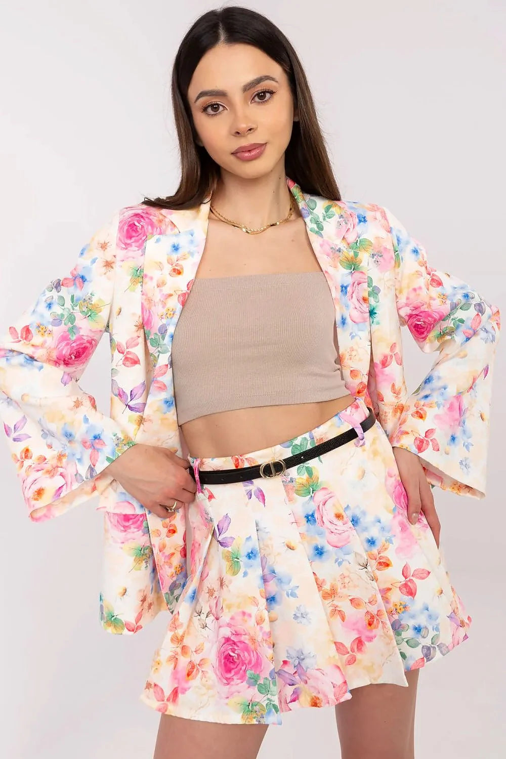 Ensemble féminin Italy Moda blazer short floral motif floral estival élégant coton polyester taille ajustable