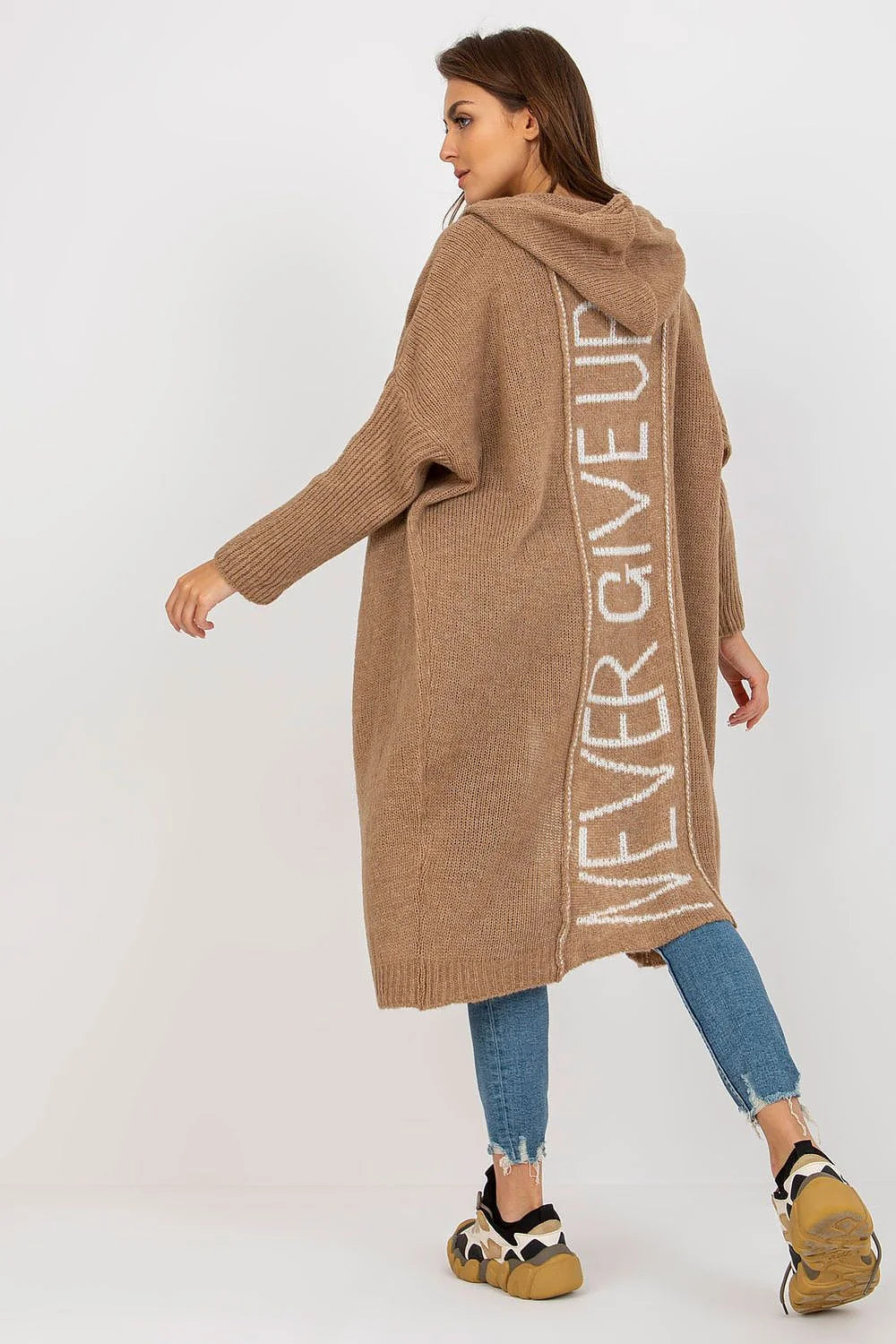 Cardigan long pour femme style moderne décontracté manches longues capuche couleur verte acrylique polyamide viscose laine taille universelle