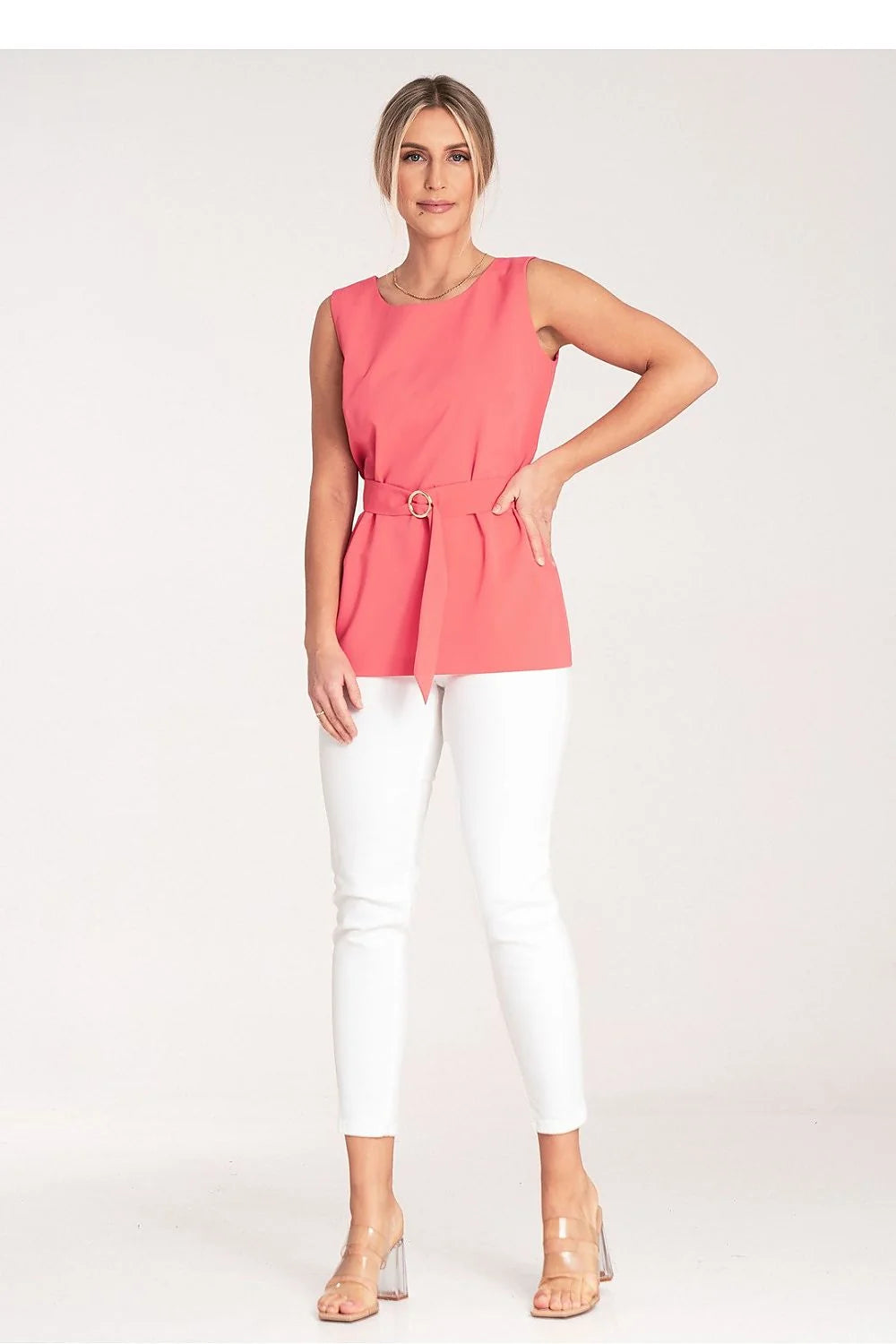 chemisier sans manches polyester viscose rose corail ceinture boucle dorée coupe droite encolure bateau evasure taille pinces diagonales buste