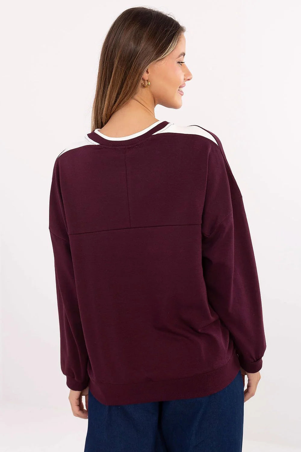 sweatshirt oversize femme prune molleton coton polyester col rond manches longues épaules tombantes coupe décontractée broderie minimaliste