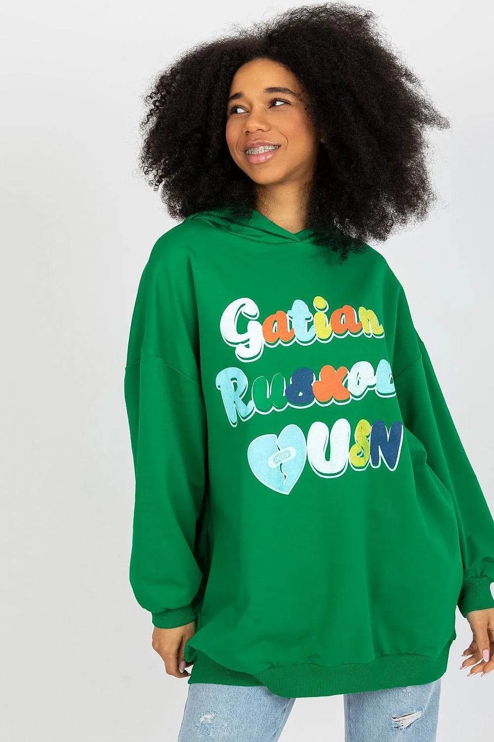 Sweatshirt Femme Fancy Vert Vif Graphisme Multicolore Manches Longues Capuche Coton Élasthanne Casual Urbain