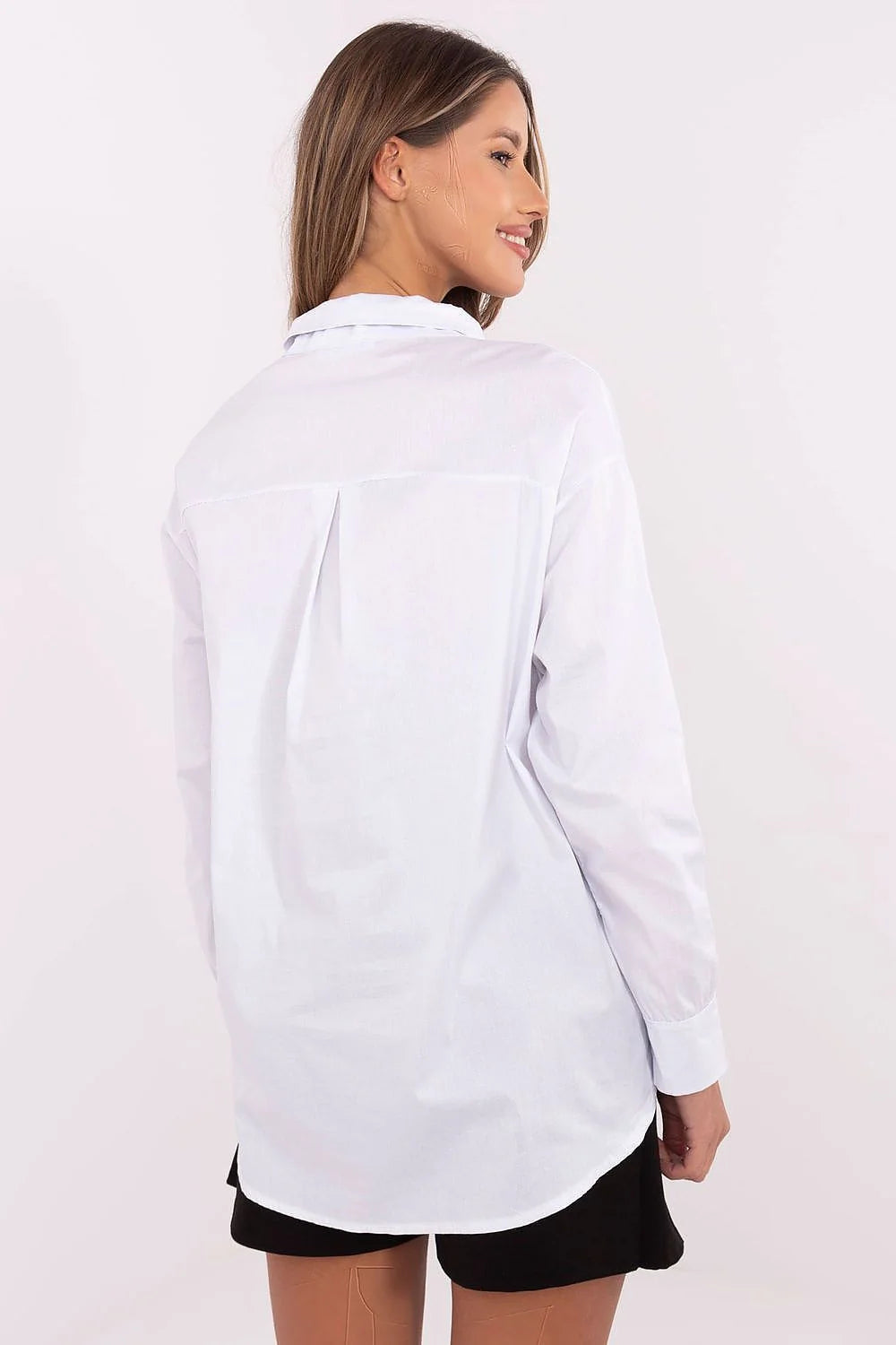 Chemise manche longue Italy Moda classique féminine en coton blanc ajustée col pointu boutons cravate motif lèvres D